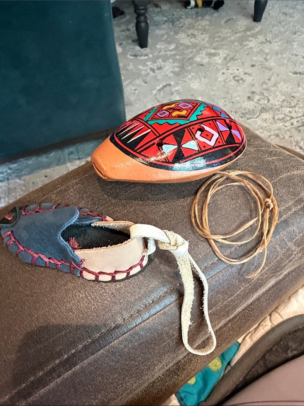 Set of Leather Charm Indian Shoe and Ocarina Ceramic Whistle